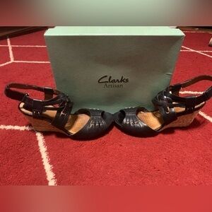 Clarks Artisan black wedge sandals size 6.5 EUC 3 inch heels